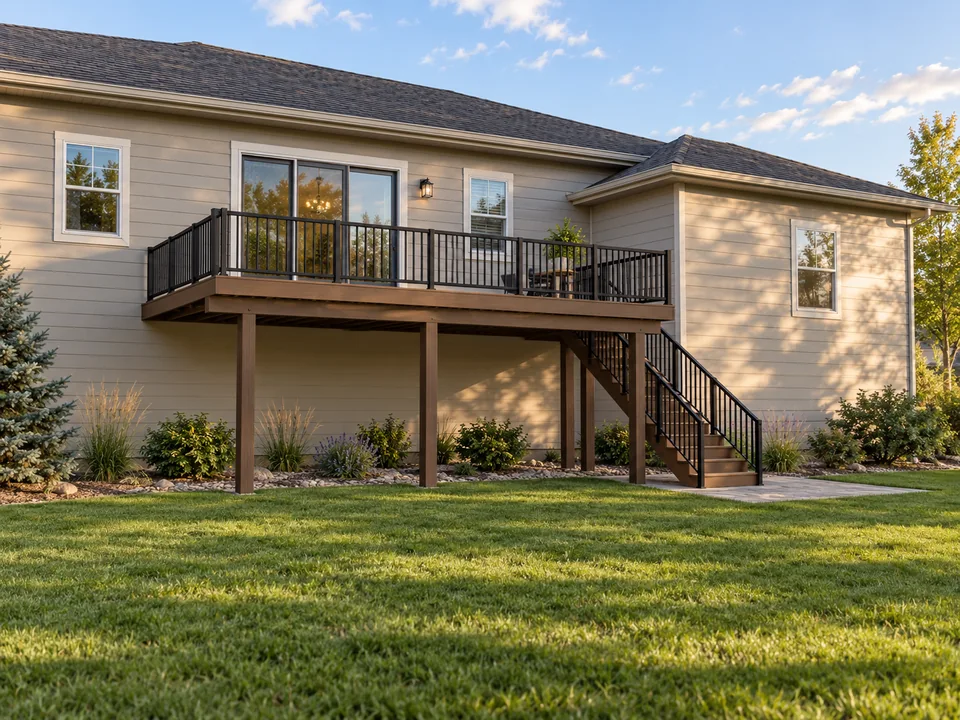 Illustrative elevated wood-tone deck with black guards, a side stair, and a patio door at deck level