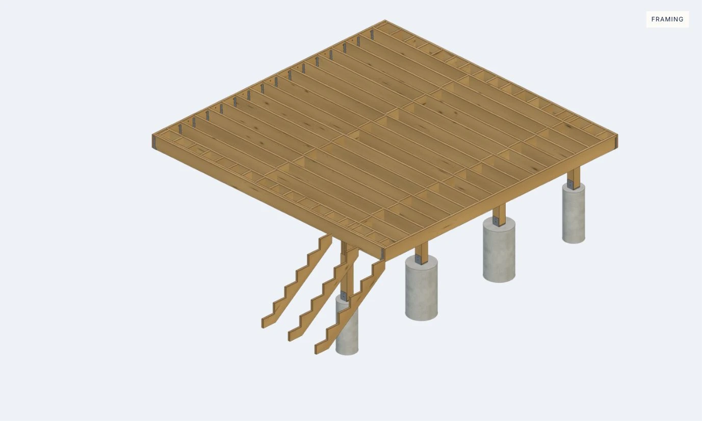 DeckDraw rendering of deck framing with modeled hardware, concrete foundations, and notched stair stringers