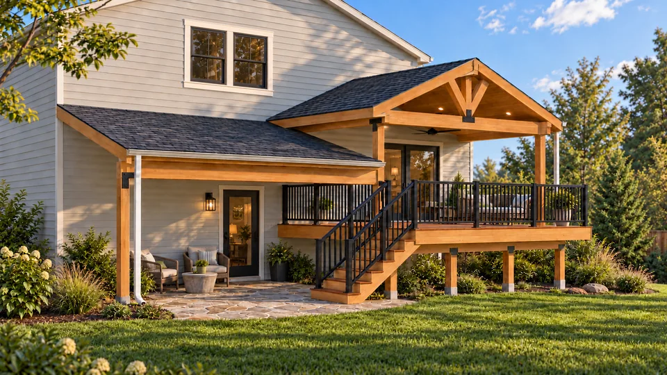 Illustrative outdoor living space with a gable-roof deck, lower patio cover, and stone terrace