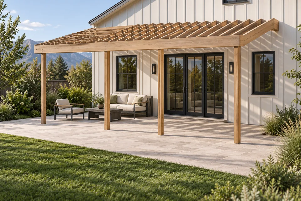Illustrative cedar pergola above a pale stone patio with lounge seating and dark-framed house doors